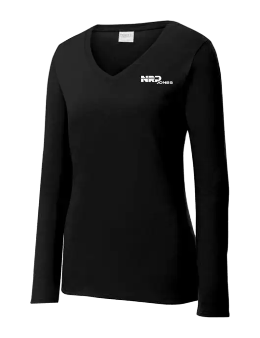 Womens V-Neck Ring Spun Jet Black 4.5 oz Long Sleeve T-Shirt w/NRP Jones Logo