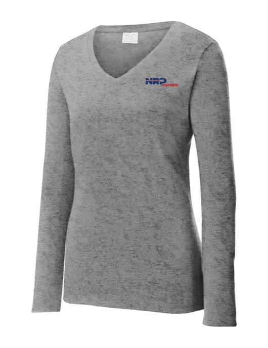 Womens  V-Neck Ring Spun Grey Heather 4.5 oz Long Sleeve T-Shirt w/NRP Jones Logo