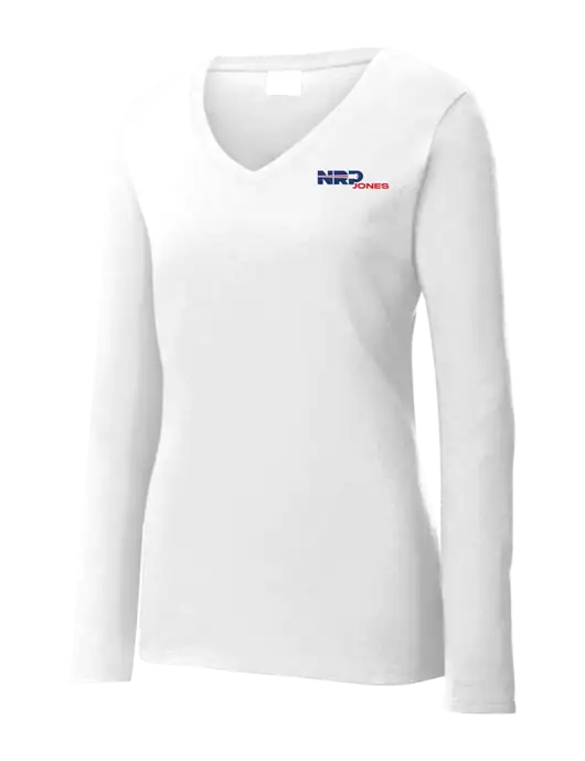 Womens  V-Neck Ring Spun White 4.5 oz Long Sleeve T-Shirt w/NRP Jones Logo