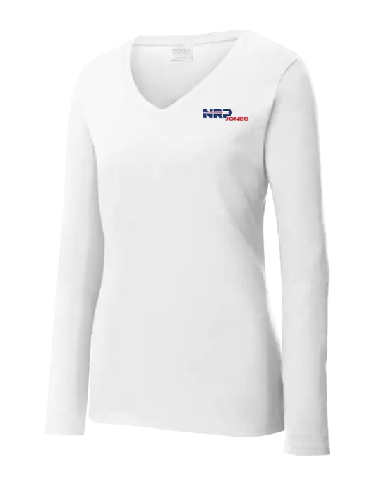 Womens  V-Neck Ring Spun White 4.5 oz Long Sleeve T-Shirt w/NRP Jones Logo