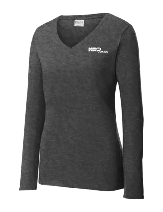 Womens  V-Neck Ring Spun Dark Heather Grey 4.5 oz Long Sleeve T-Shirt w/NRP Jones Logo