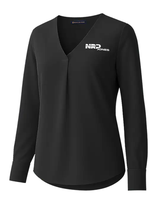 Brooks Brothers Womens Black Open-Neck Satin Blouse  w/NRP Jones Logo