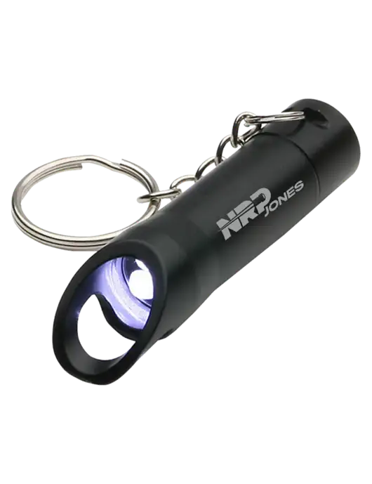 Black Pocket LED Flashlight with Bottle Opener & Keychain w/NRP Jones Logo