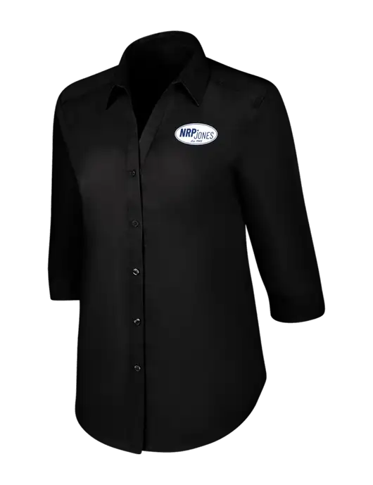 Womens Black 3/4 Sleeve Carefree Poplin Shirt w/NRP Jones Retro Logo