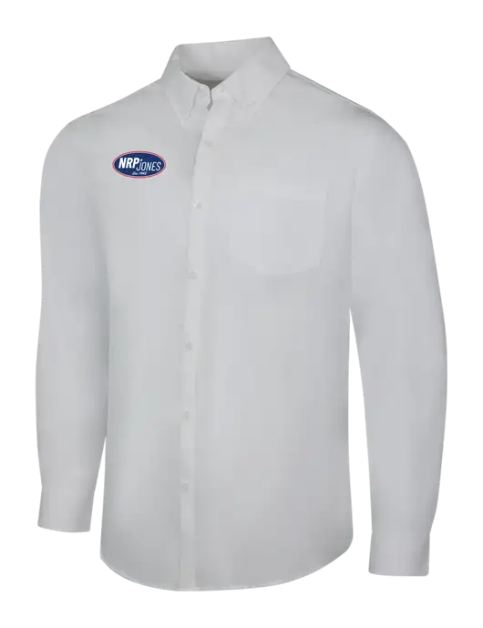 White Long Sleeve Carefree Poplin Shirt w/NRP Jones Retro Logo