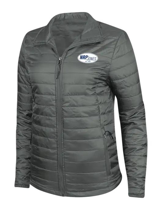 Dark Grey Womens Puffy Packable Jacket w/NRP Jones Retro Logo